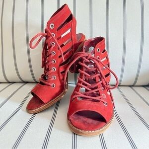 Women's Red Lace-Up Cutout Heeled Sandals